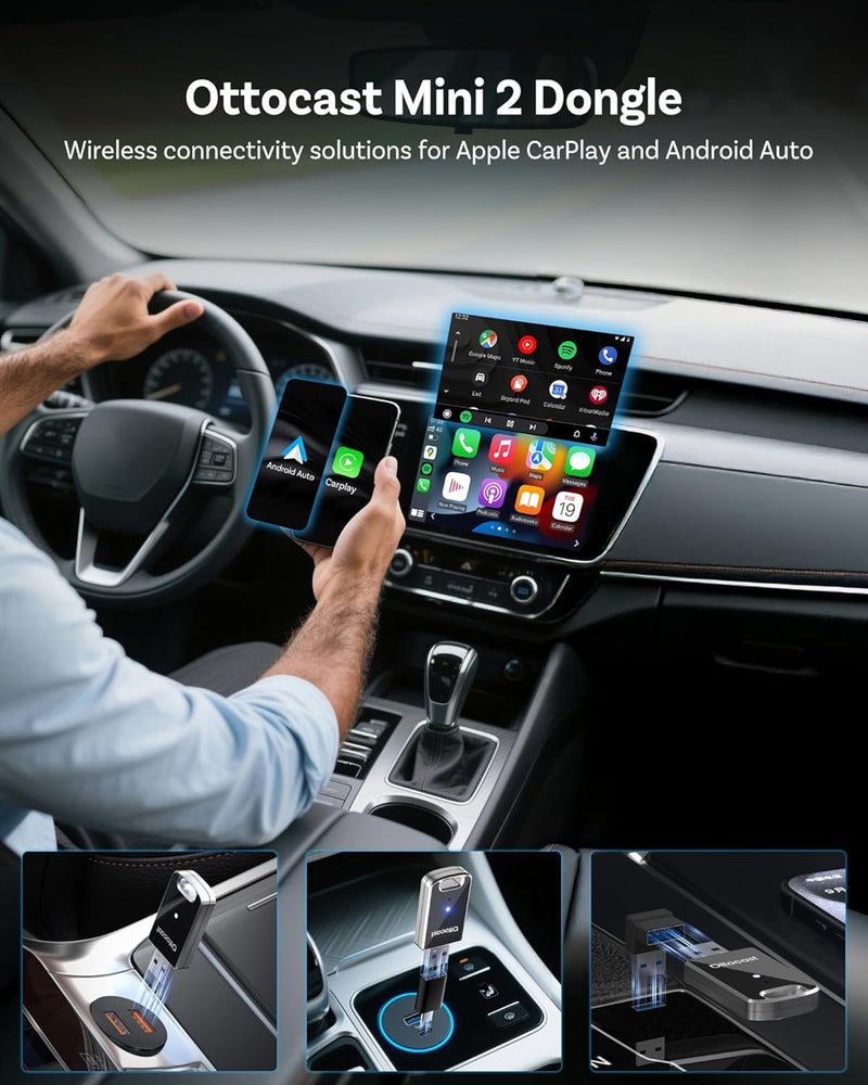 Ottocast Mini Edge 2025 Wireless Carplay Adapter & Android Auto Wireless Adapter for Apple iPhone Samsung Android Phone 2-in-1, USB Car Accessories, 5 GHz Wi‑Fi Bluetooth 5.0 Voice Control Plug & Play - Image 2
